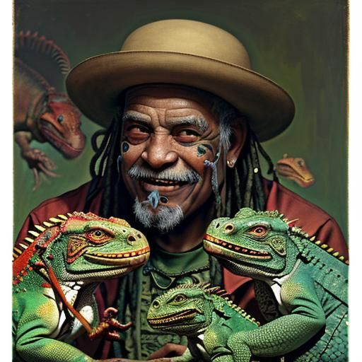 Cuban Man Surrounded by Iguanas in Photorealistic Style