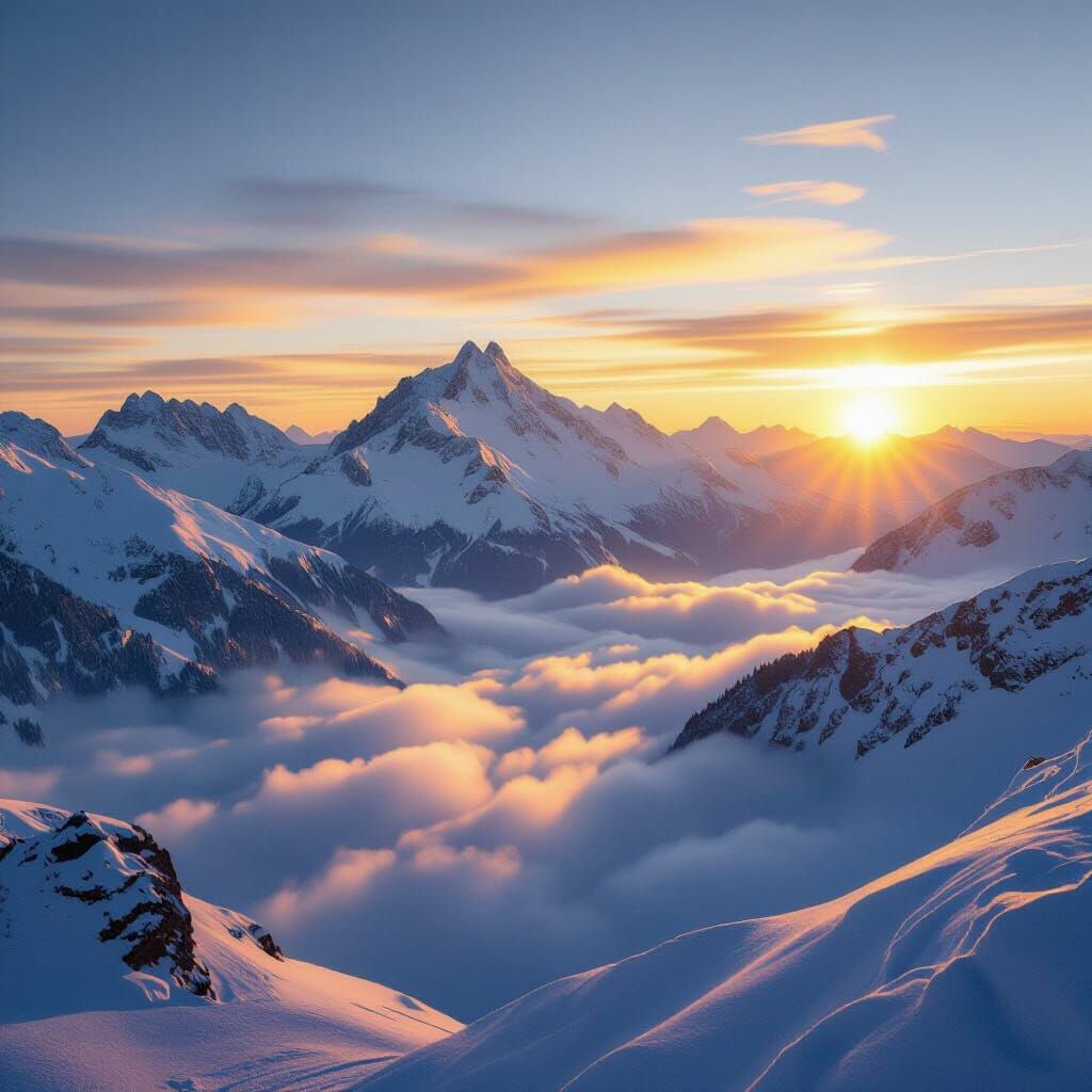 Swiss Alps Sunrise: Golden Light on Snowy Peaks