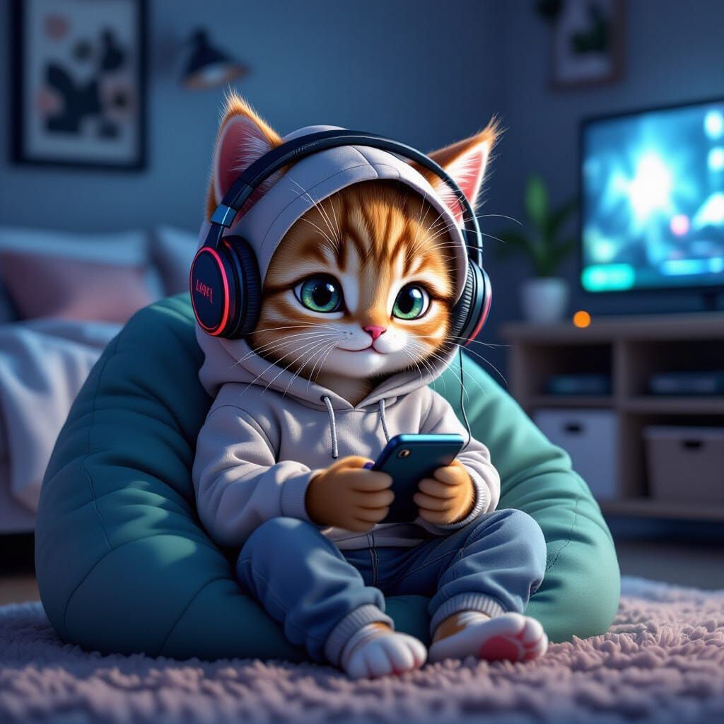 Hyperrealistic Kitten Gamer in Teen Bedroom