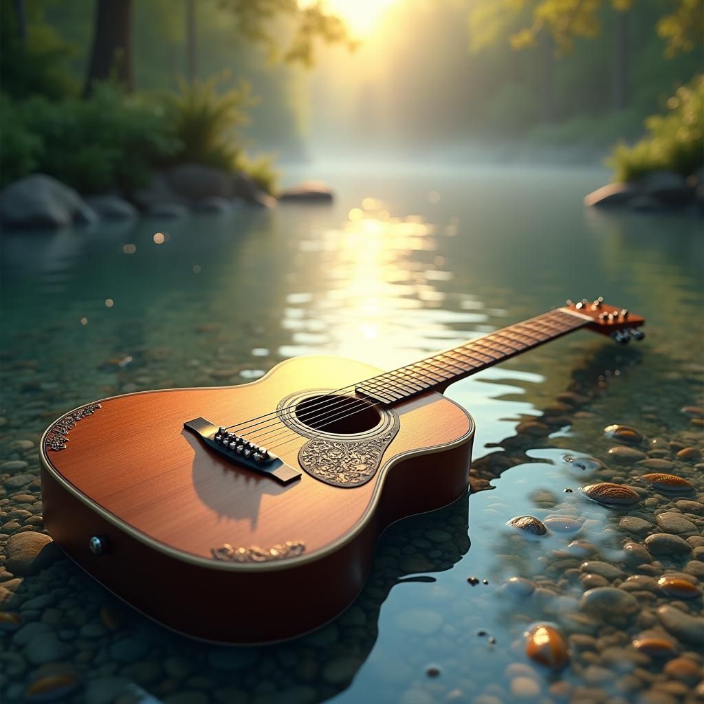Acoustic Guitar in River: Hyper-Realistic Matte Painting