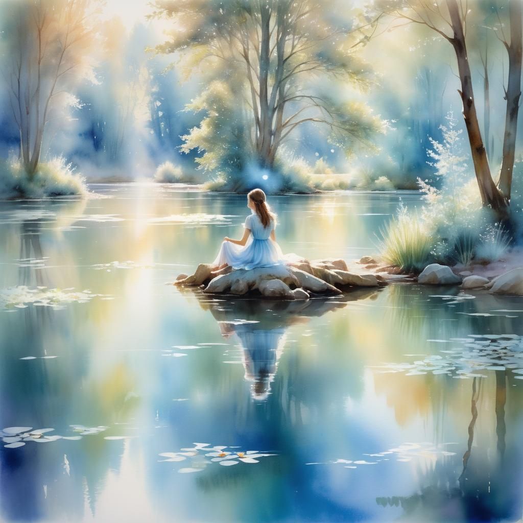 Crystal Girl in Pond: Soft Focus Watercolor Painting