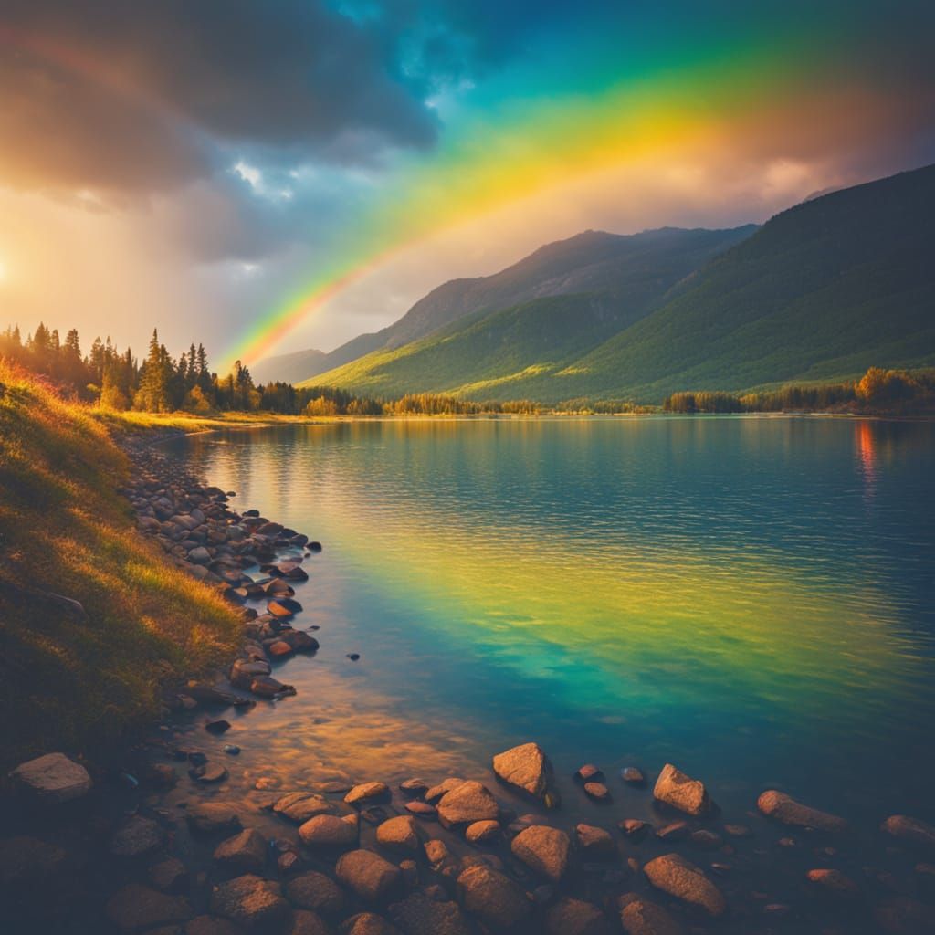 Rainbow Over Blue Lake Landscape Photography