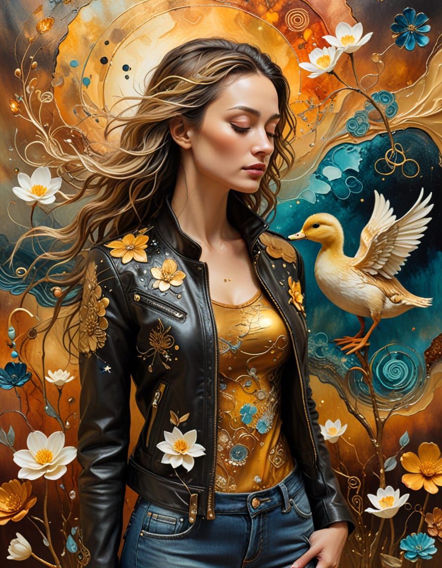 Surreal Woman with Duckling in Mixed Media Art