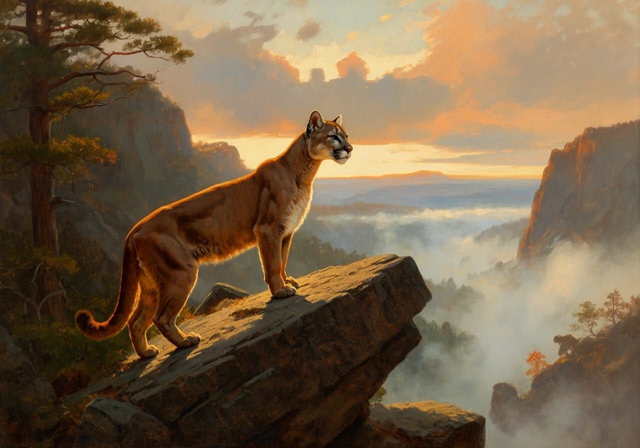 Cougar Overlooking Misty Valley in Bierstadt Style
