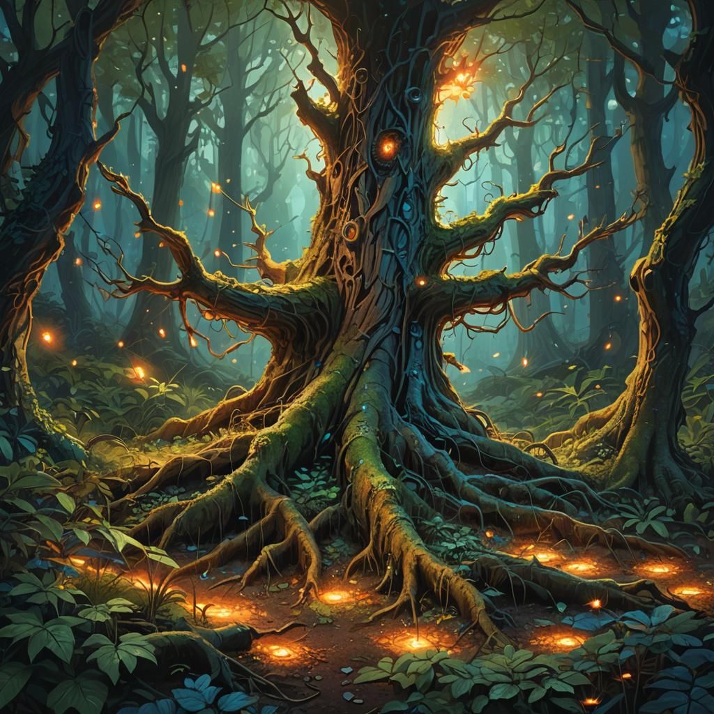 Mystical Forest Undergrowth with Fireflies, Matte Painting