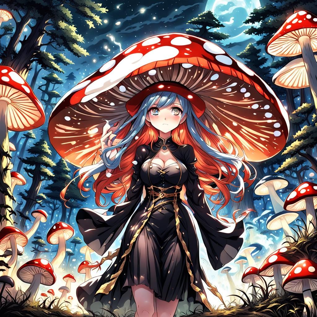 Anime Mushroom Woman in Magic Forest