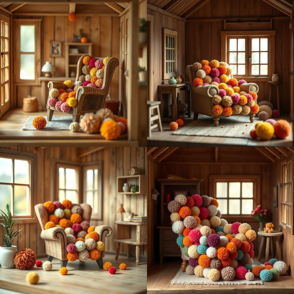 Whimsical Pom Pom Armchair in Miniature Papercraft House