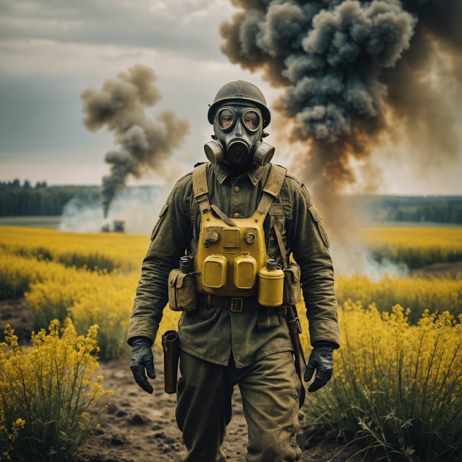WWI Soldier in Mustard Gas: Cinematic Film Still