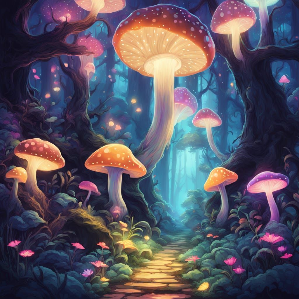 Surreal Forest Scene Features Glowing Mushroom in Neon Hues