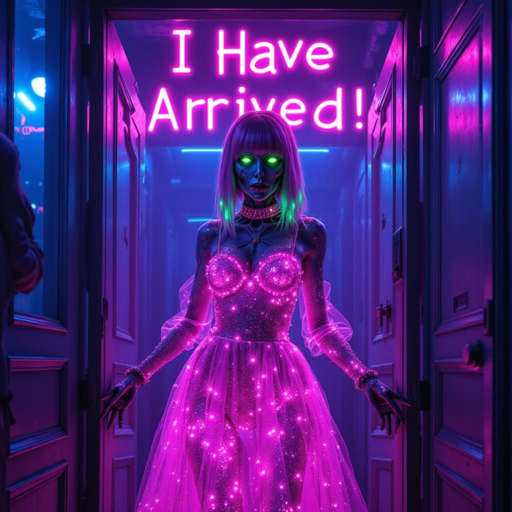 Glamorous Zombie Fashion Model Enters Futuristic Room in Sty...