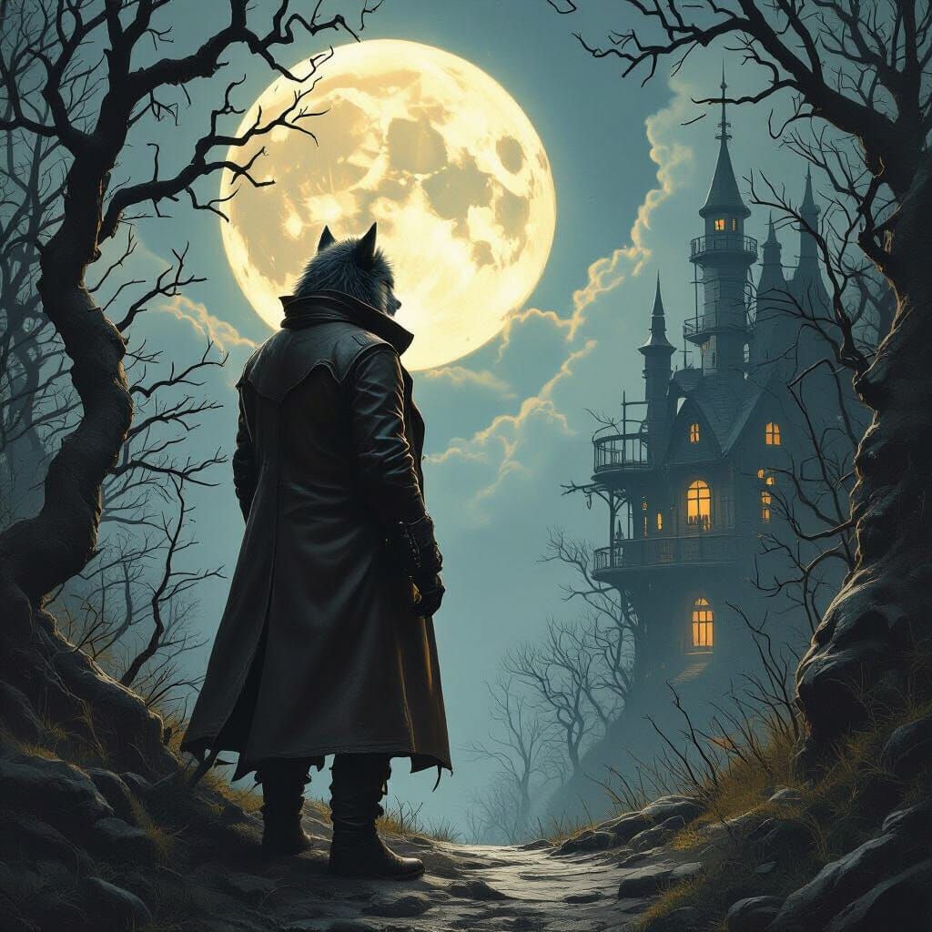 Technological Werewolf Gazing at Moon in Mystical Forest