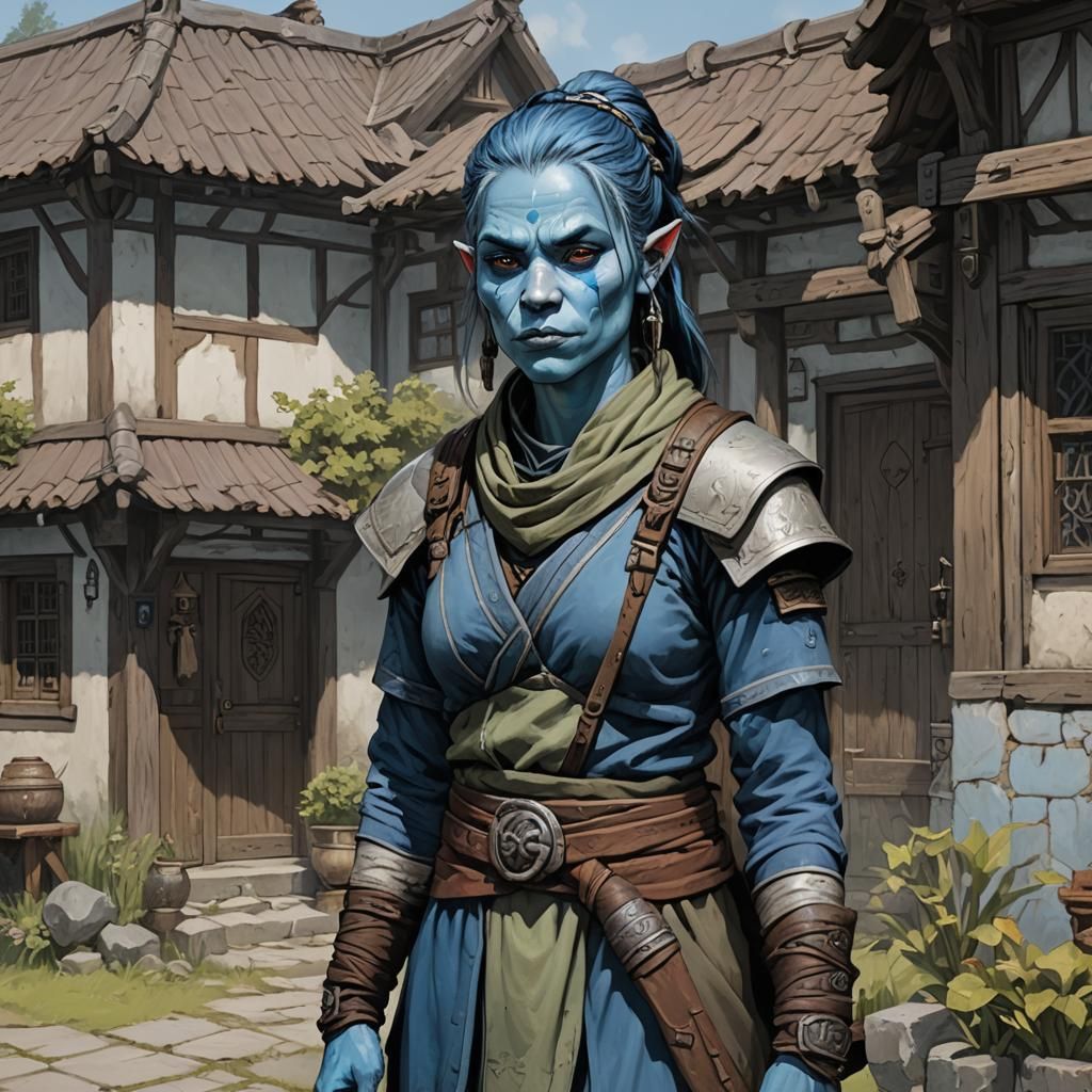 Blue-Skinned Half-Orc Monk Standing Before a Cozy Home