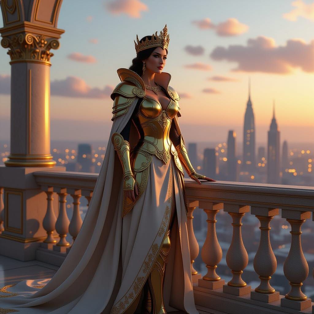 Futuristic Queen in Golden Armor Overlooking Cityscape