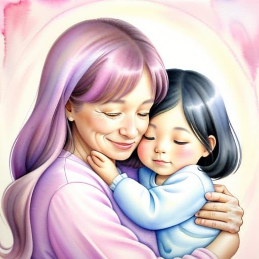 Whimsical Watercolor Portrait of Motherly Love