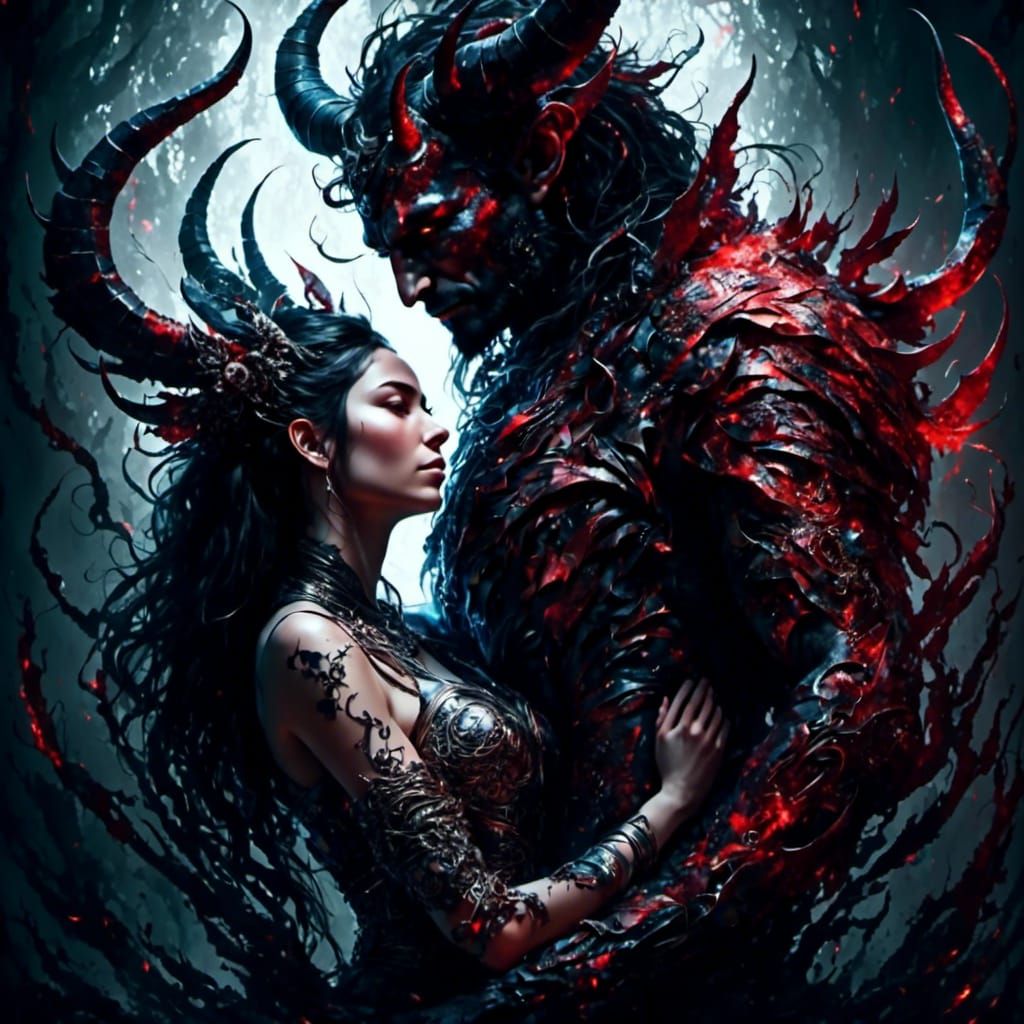 Demonic Embrace: Digital Watercolor Illustration
