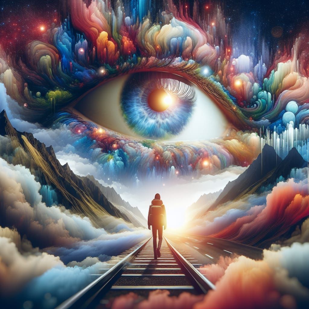 Magical Dreamscape Double Exposure in Watercolor Style