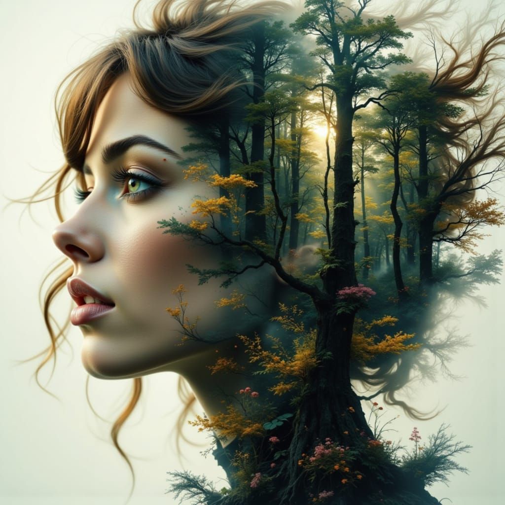 Woman Merged with Ancient Forest in Double Exposure Style