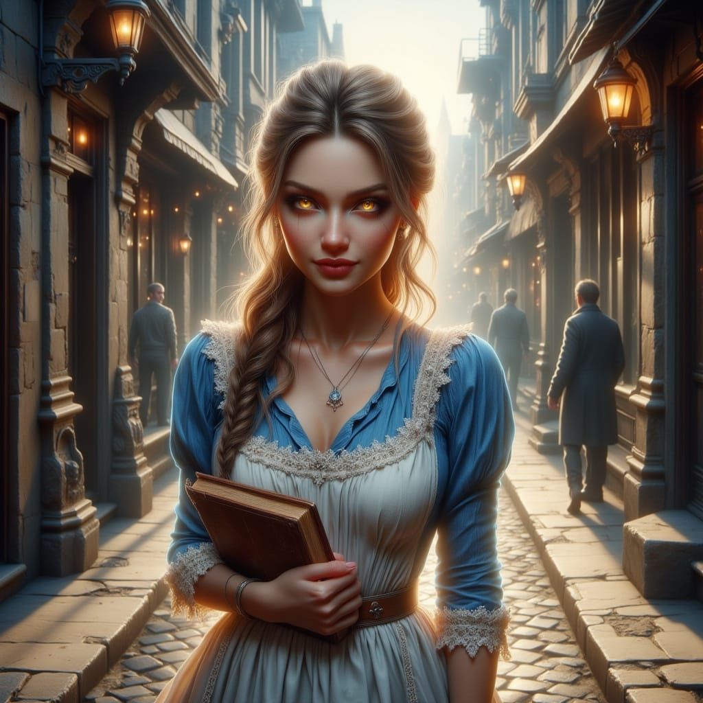 Victorian Woman with Book in French Town Oil Painting