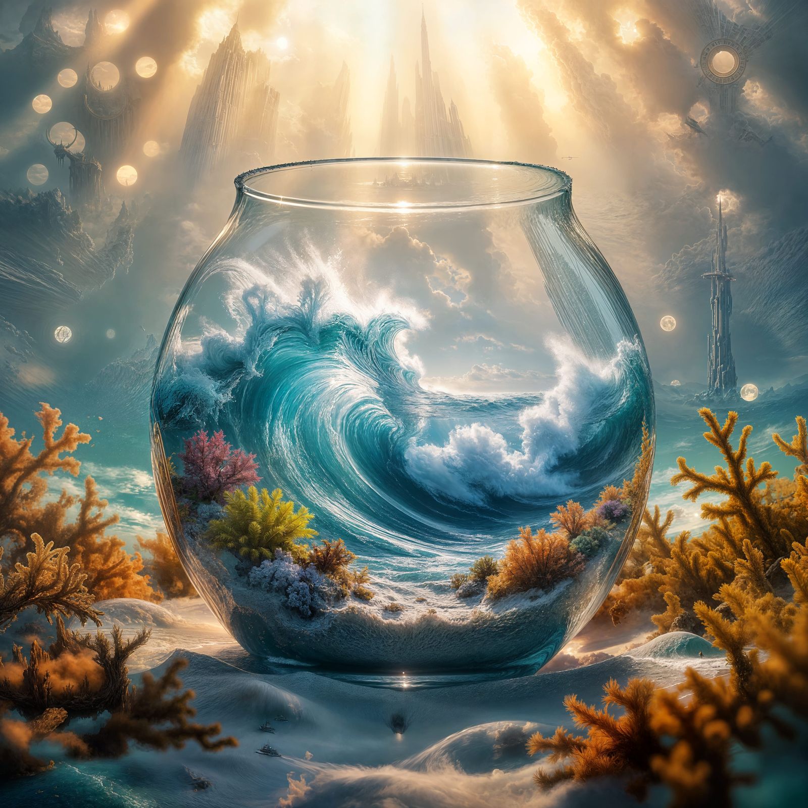 Ocean Waves in Glass Container with Coral