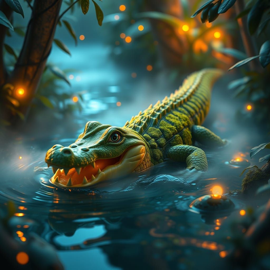 Fantasy Crocodile Emerging from Lush Waterway in Vibrant Mat...