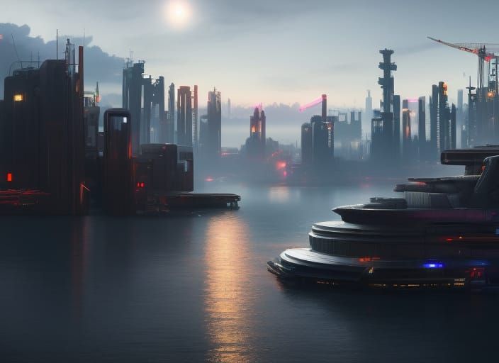 Cyberpunk Shipyard: Hyperrealistic Sci-Fi Matte Painting