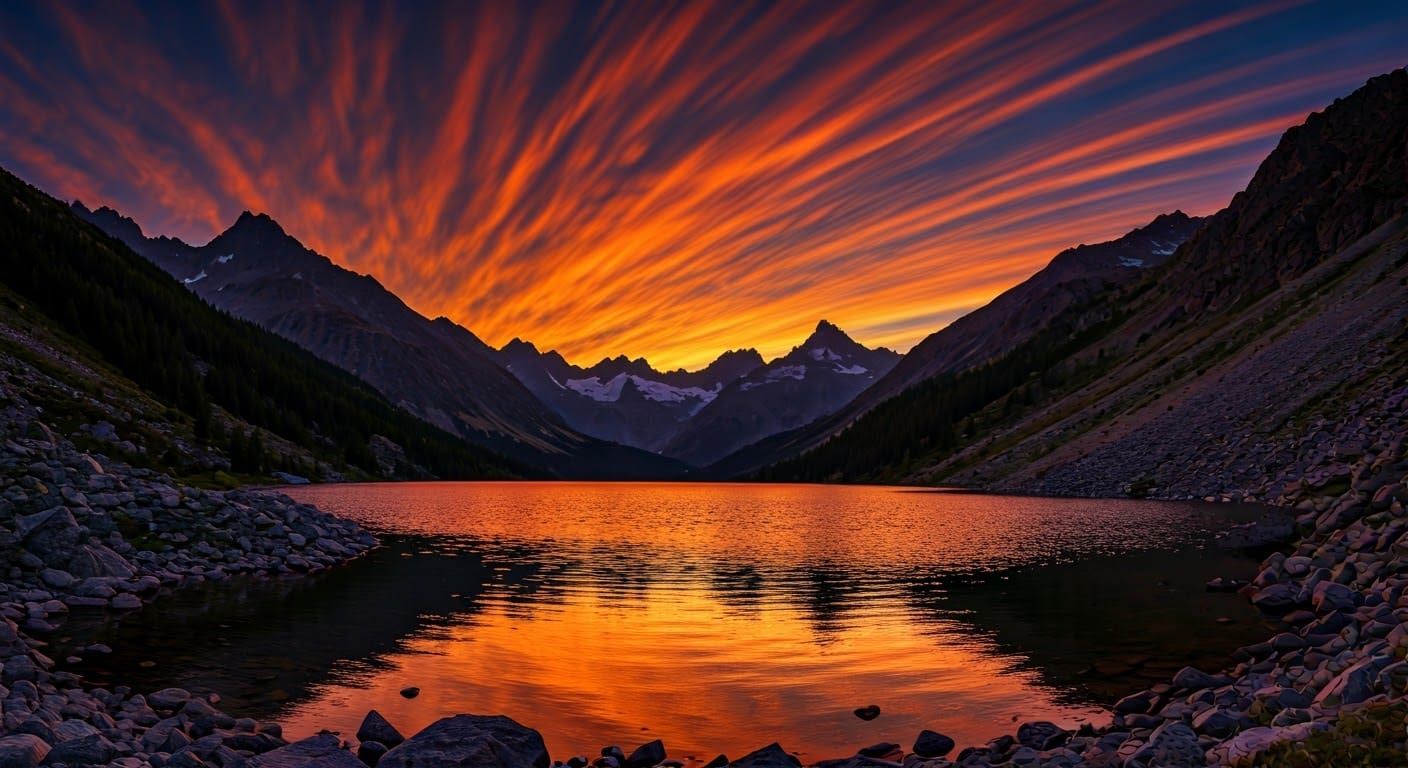 Dramatic Mountain Lake Sunset in the Style of the Romantic M...