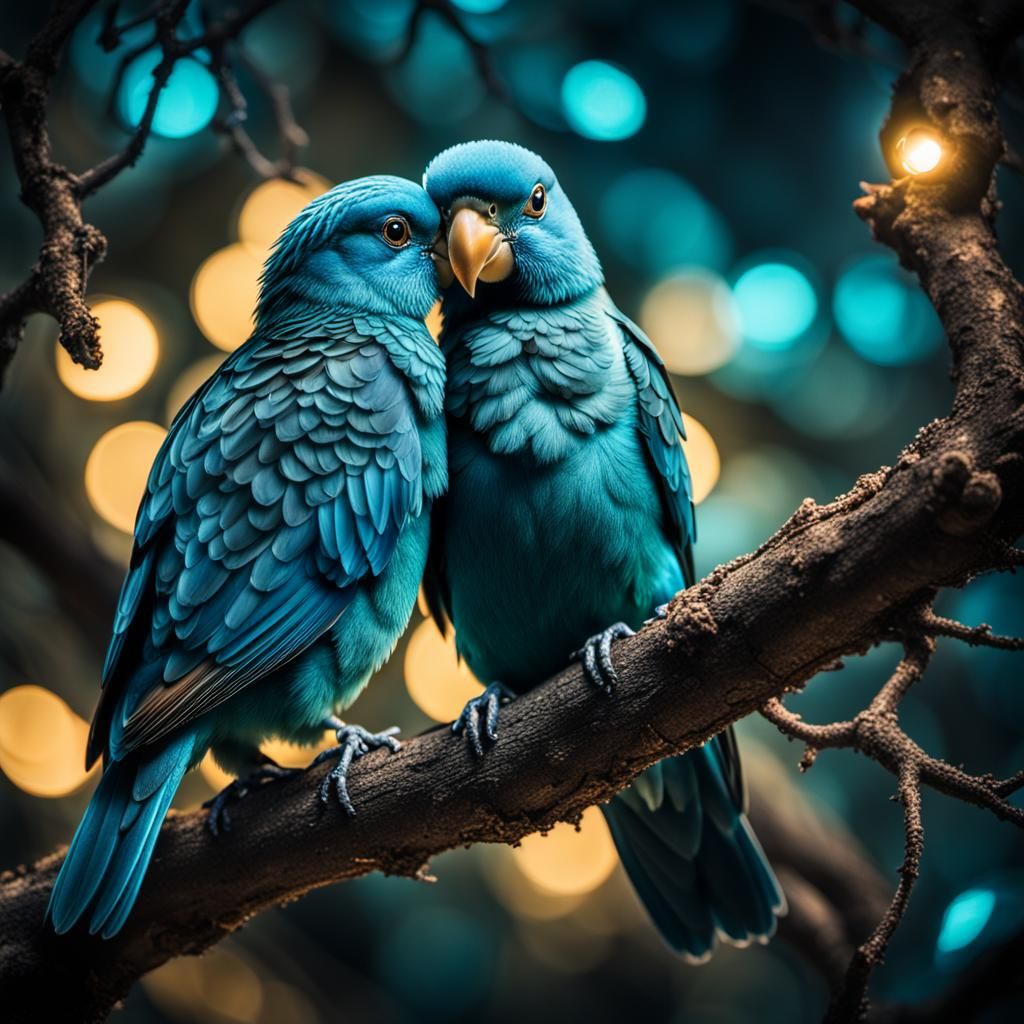 A portrait of love birds on a tree in bioluminescent lighting