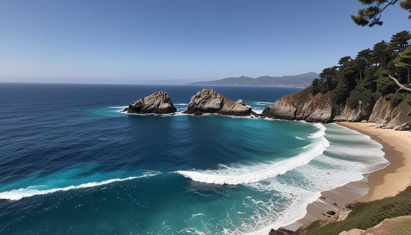 A Futuristic Coastal Scene with Ancient Ruins