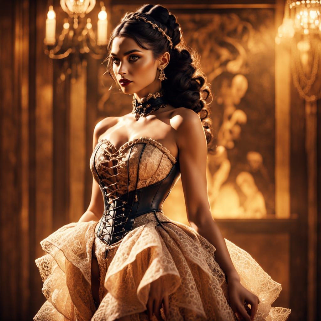 Elegant Woman in Corset Dress: Vintage Film Still