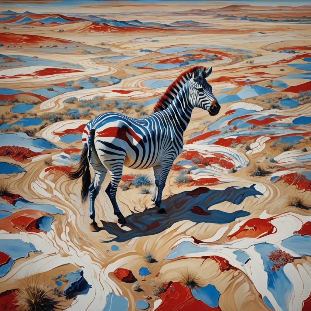 Surreal Red, White, and Blue Zebra in Savannah