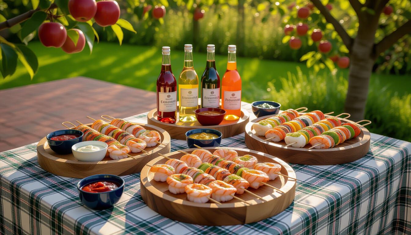 Grilled Seafood Skewers on Victorian Plaid Tablecloth