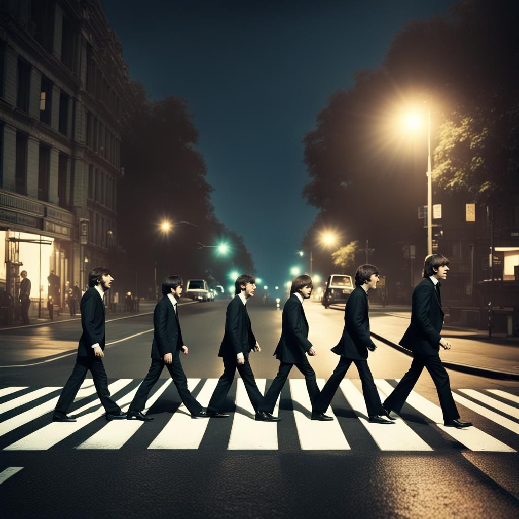 The Beatles Crossing Road at Night: Digital Painting