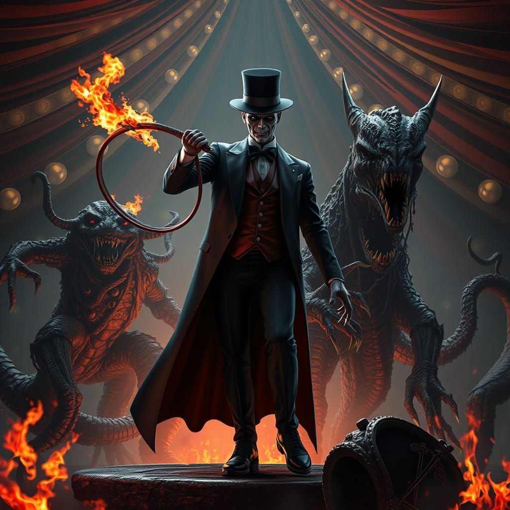Mysterious Ringmaster in a Twisted Flaming Circus, Surrounde...