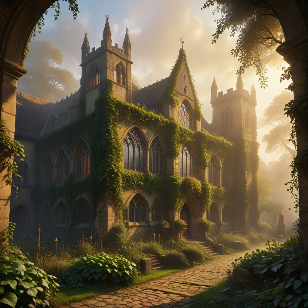 Mystical Medieval College in Oil Painting Style