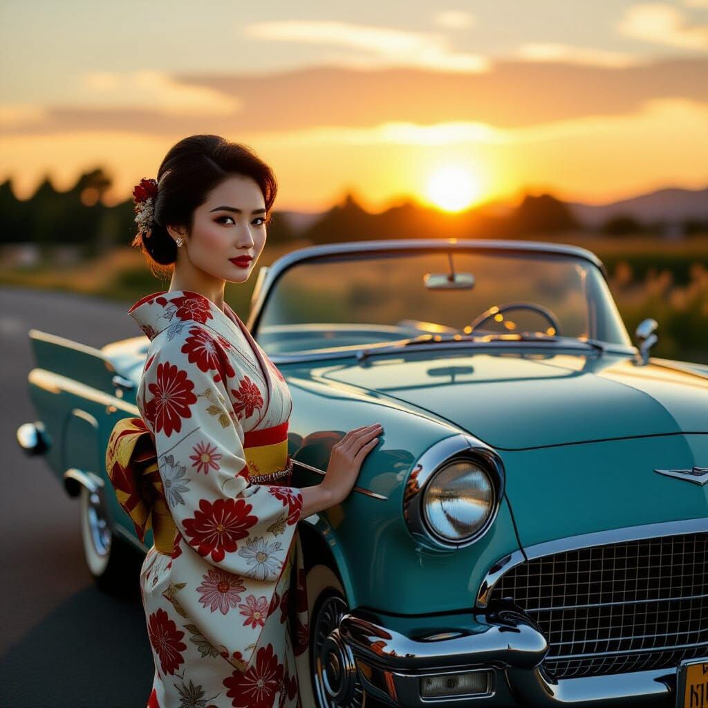 Elegant Japanese Woman and 1950s Car at Sunset