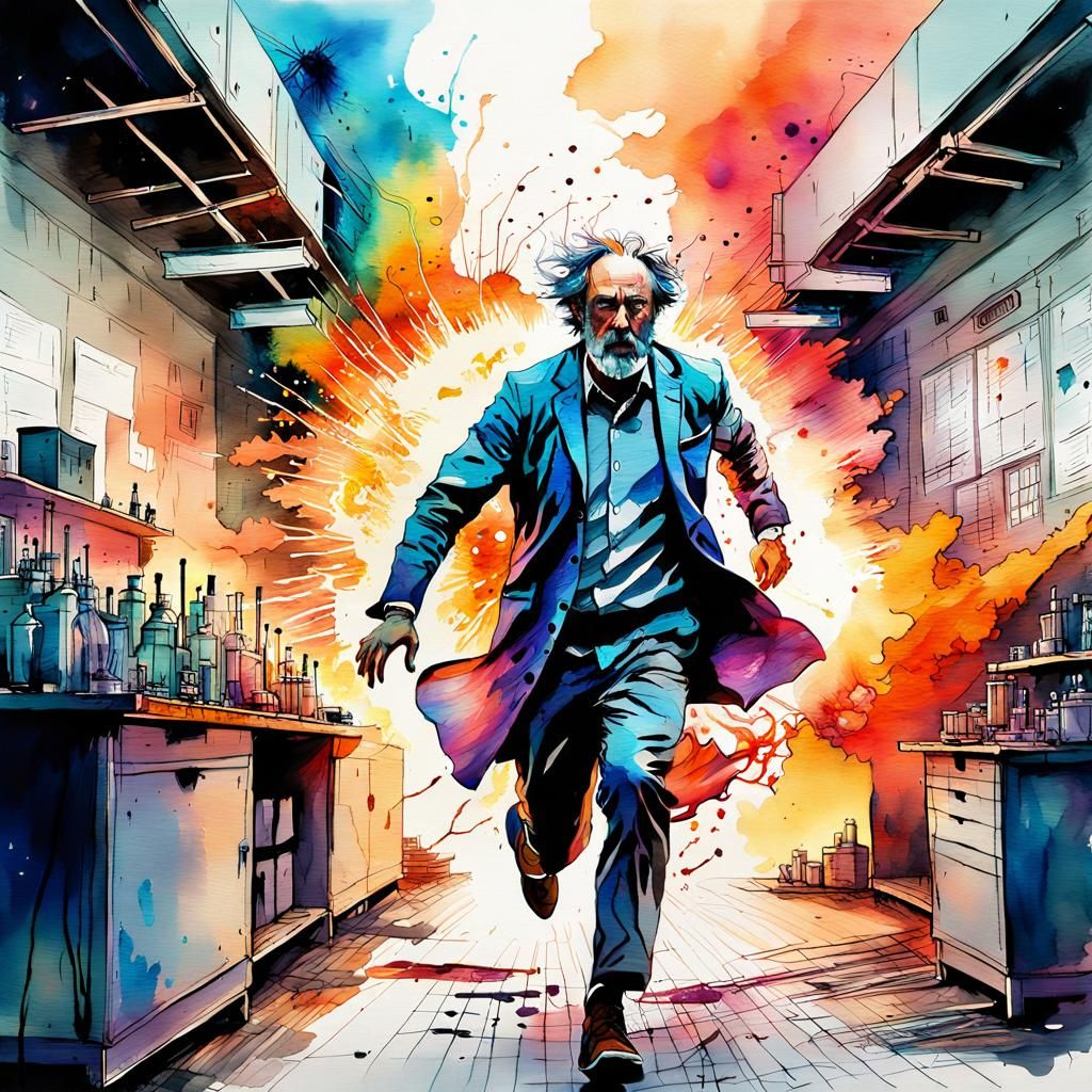 Scientist Escapes Exploding Lab in Watercolor Style