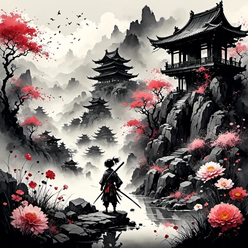 Minimalist Japanese Ink Samurai in Surreal Flower Garden