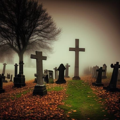 Creepy Cemetery with Crosses in Volumetric Lighting