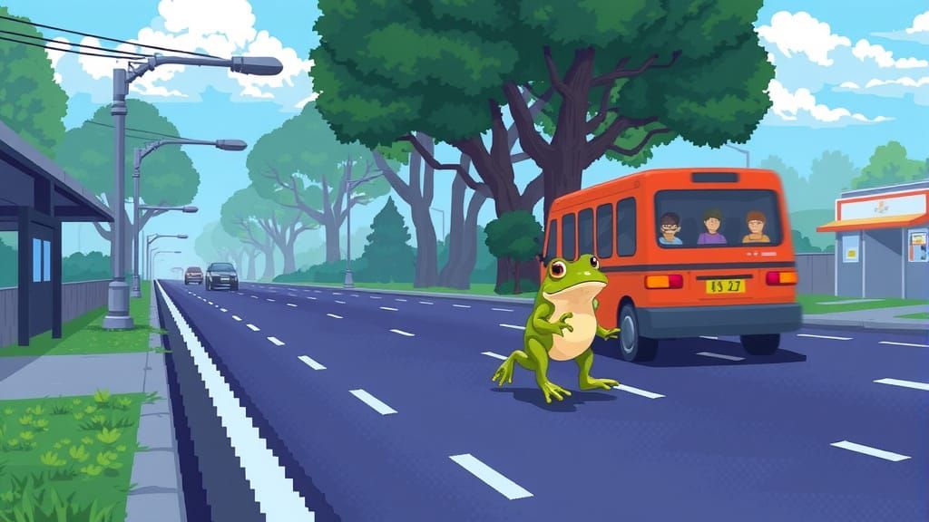8-Bit Frog Runs Busy Road in Retro Game Style