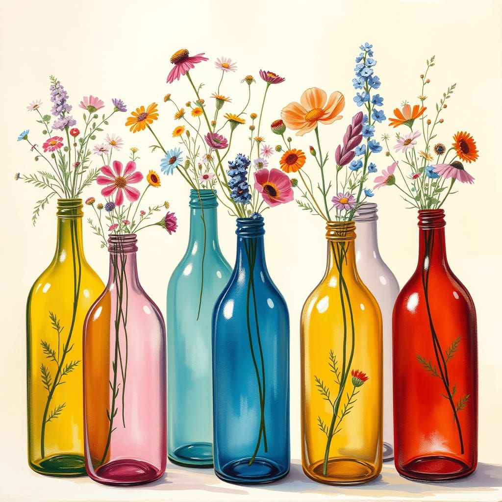 Vibrant Glass Bottles Filled with Whimsical Wildflowers