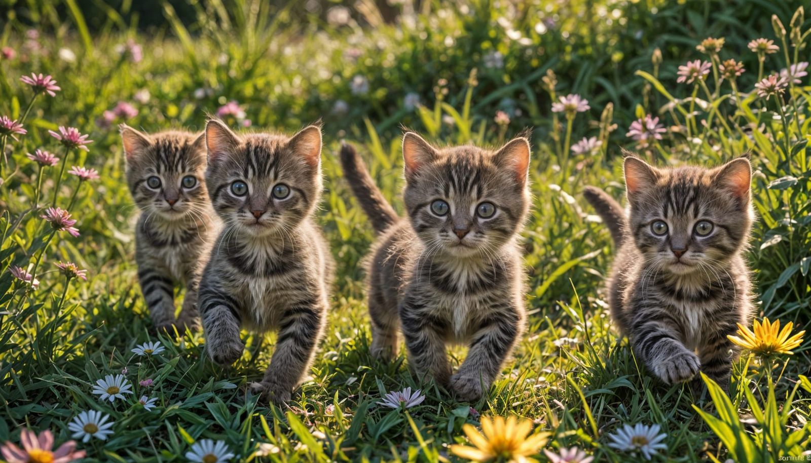 Cute Kittens Running in Grass: Photo-Realistic Scene