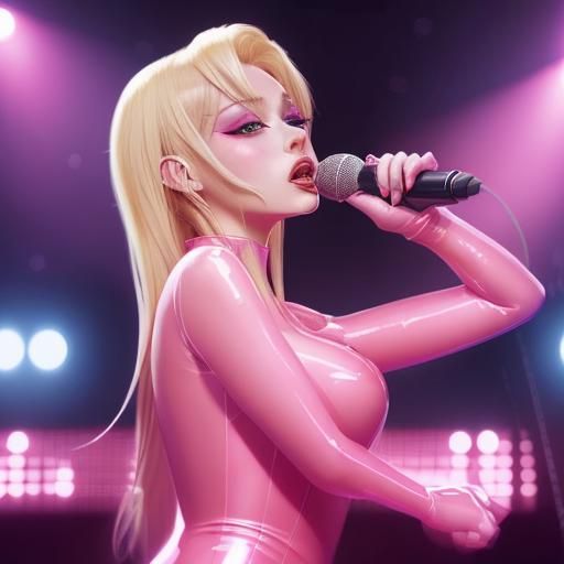 Blonde Pop Singer in Pink Latex Dress, Anime Art
