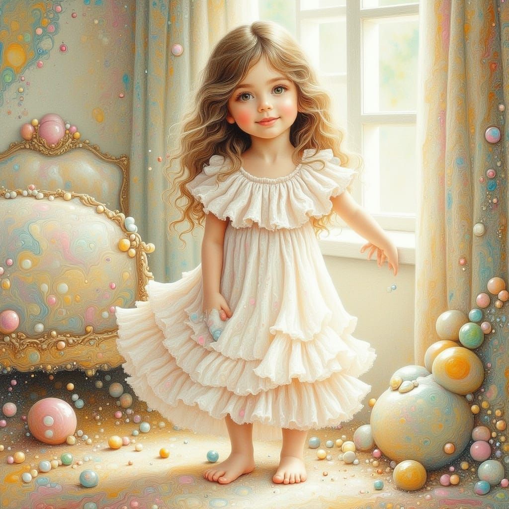 Little Girl in Sunlit Bedroom, Children's Book Style