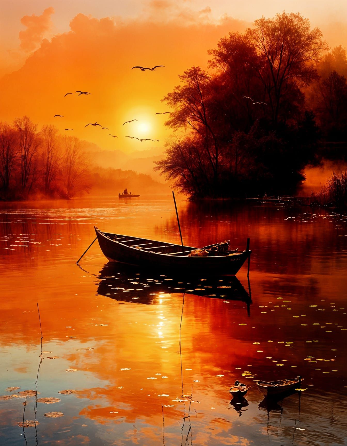 Serene Lake Fishing Boats at Sunset Painting