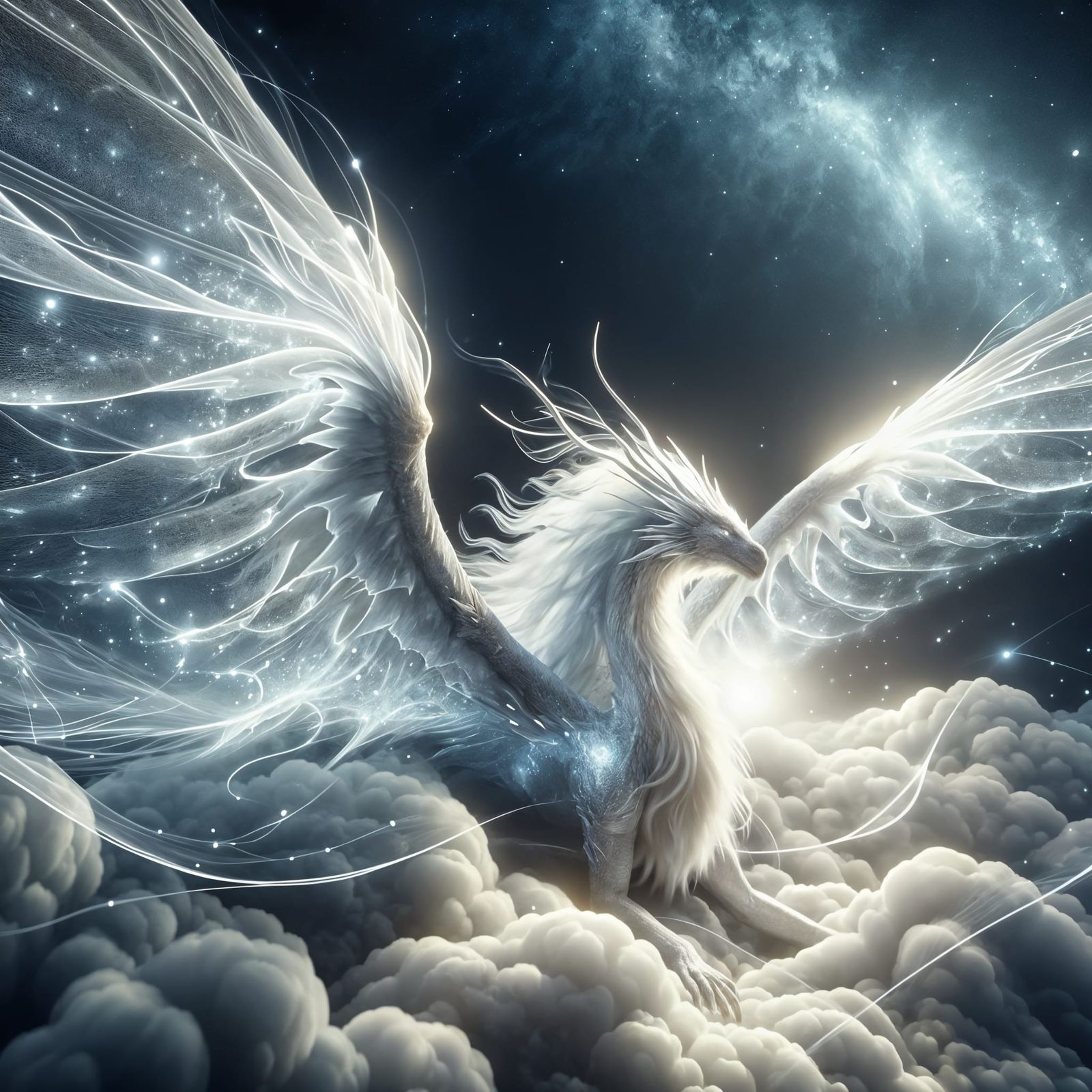 Glowing White Dragon Soaring in Starry Sky