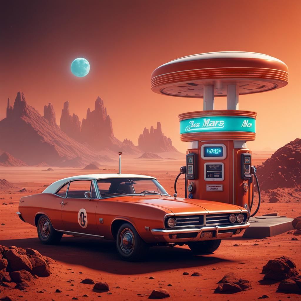Retro Gas Station on Mars in Detailed Matte Painting