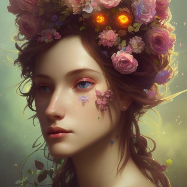 Detailed Flower Fairy Portrait in Art Nouveau Style