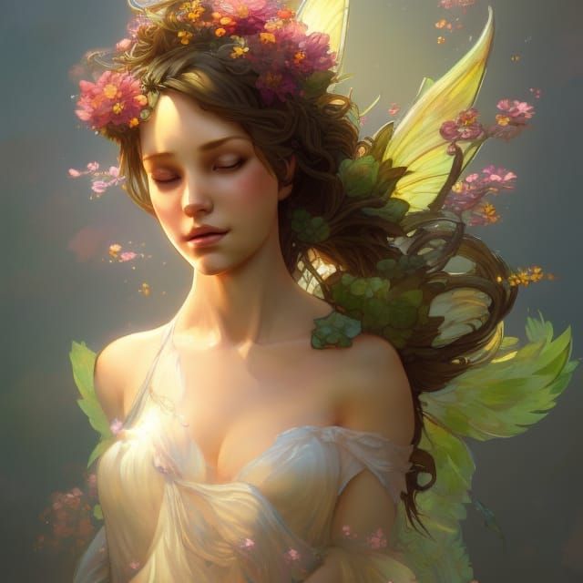 Detailed Flower Fairy Portrait in Art Nouveau Style