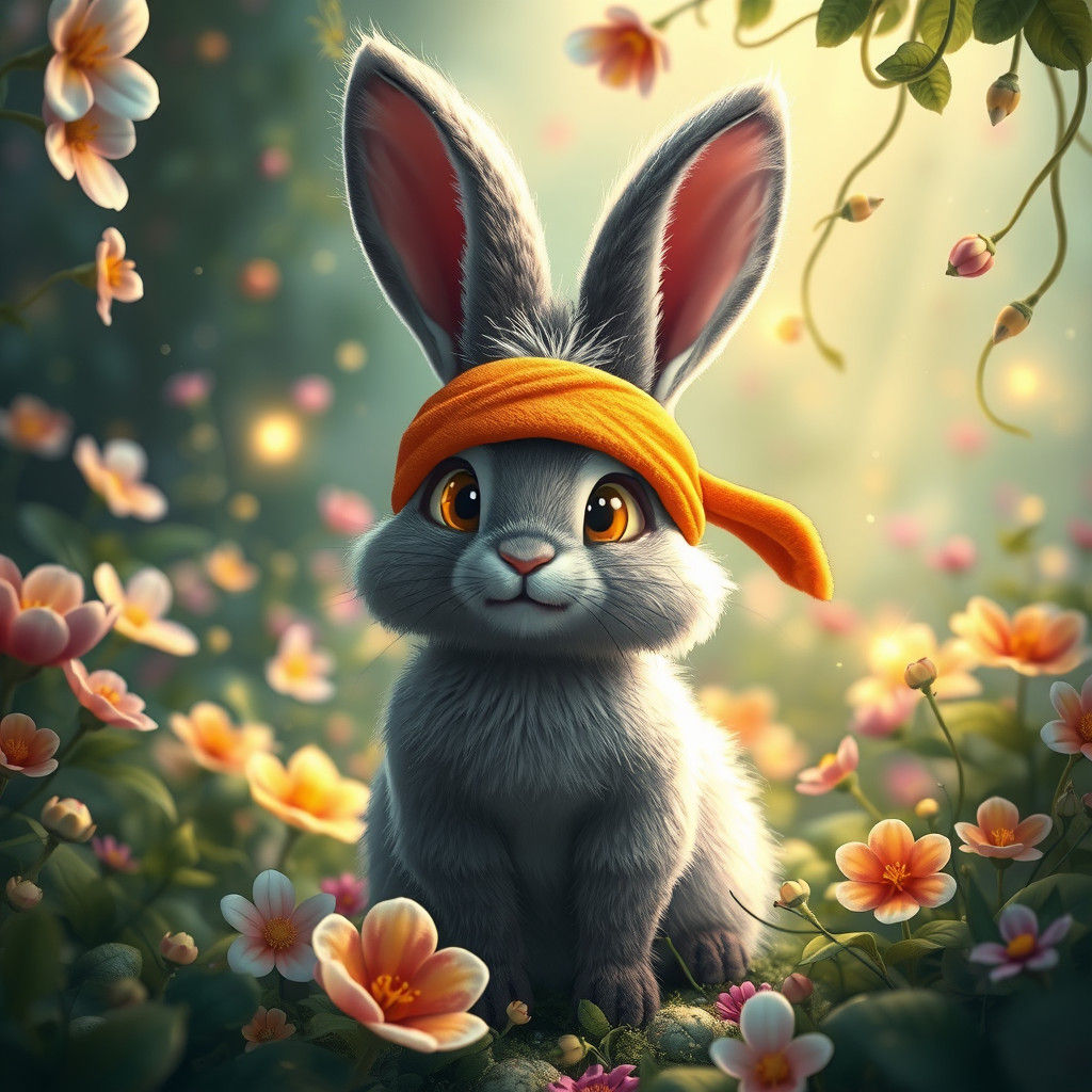 Whimsical Bunny in Enchanted Garden, Fantasy Concept Art
