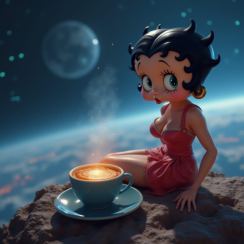 Hyperrealistic Coffee Cup on Lunar Edge with Betty Boop